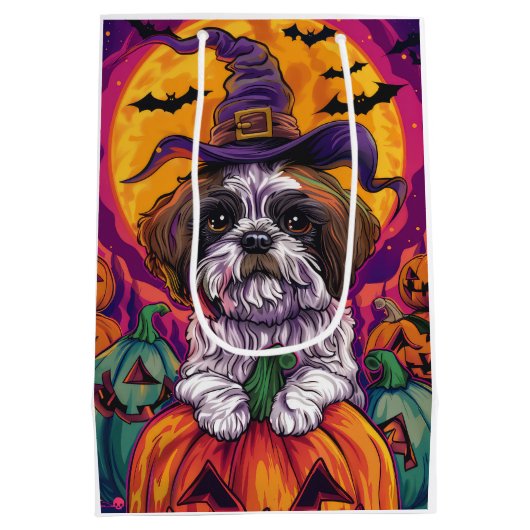 Spooky Malti Tzu Hond Halloween Heks en Pompoen Medium Cadeauzakje (Achterkant)