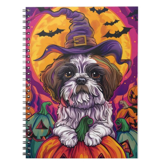 Spooky Malti Tzu Hond Halloween Heks en Pompoen Notitieboek (Voorkant)