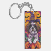 Spooky Malti Tzu Hond Halloween Heks en Pompoen Sleutelhanger (Voorkant Links)