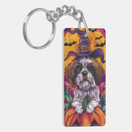 Spooky Malti Tzu Hond Halloween Heks en Pompoen Sleutelhanger (Voorkant Links)