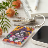 Spooky Malti Tzu Hond Halloween Heks en Pompoen Sleutelhanger (Voorkant Rechts)