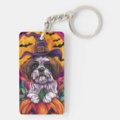 Spooky Malti Tzu Hond Halloween Heks en Pompoen Sleutelhanger (achterkant)