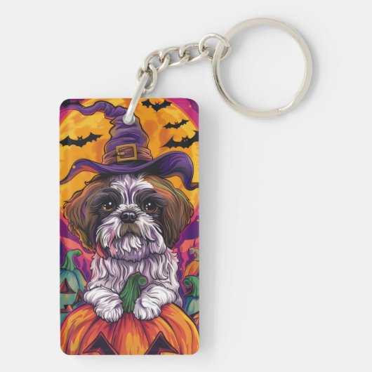 Spooky Malti Tzu Hond Halloween Heks en Pompoen Sleutelhanger (achterkant)