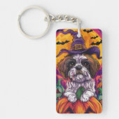 Spooky Malti Tzu Hond Halloween Heks en Pompoen Sleutelhanger (Voorkant)