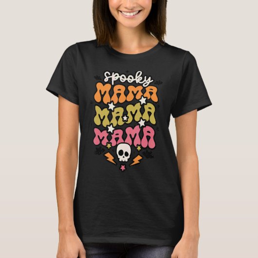 Spooky Mama Retro Groovy Skull Skeleton Lightning T-shirt (Voorkant)