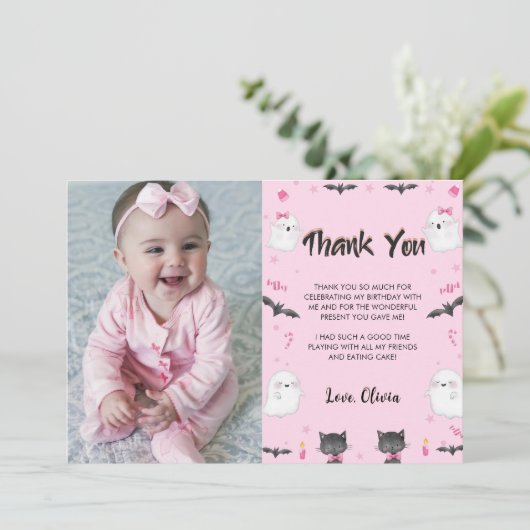 Spooky Meisje Halloween Verjaardagsfeestfoto Bedankkaart (Staand voorkant)