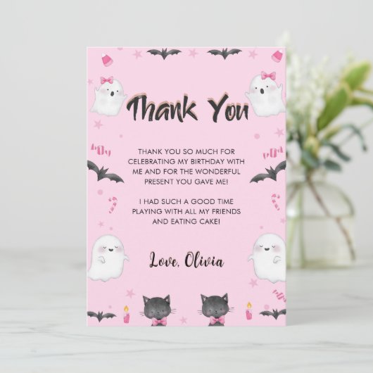Spooky Meisje Halloween Verjaardagsfeestje Bedankkaart (Staand voorkant)