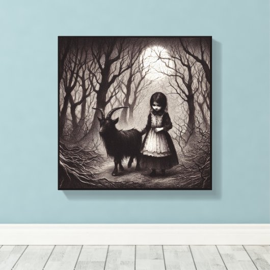 Spooky Meisje Met Geit Zwart Phillip Haunted Fores Canvas Afdruk (Insitu (Houten vloer))