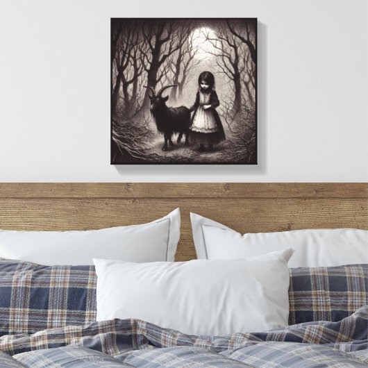 Spooky Meisje Met Geit Zwart Phillip Haunted Fores Canvas Afdruk (Insitu (Slaapkamer))