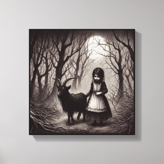 Spooky Meisje Met Geit Zwart Phillip Haunted Fores Canvas Afdruk (Voorkant)