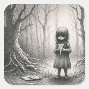 Spooky Meisje Met Pizza Horror Creepy Illustratie Vierkante Sticker
