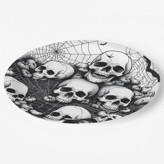 Spooky Menselijke Schedels Spinnen Spinnenwebben V Papieren Bordje (Gekanteld)