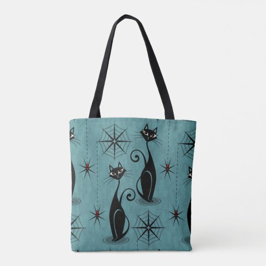 Spooky Meow Retro Atomic Cats on Distress Blue Tote Bag (Achterkant)