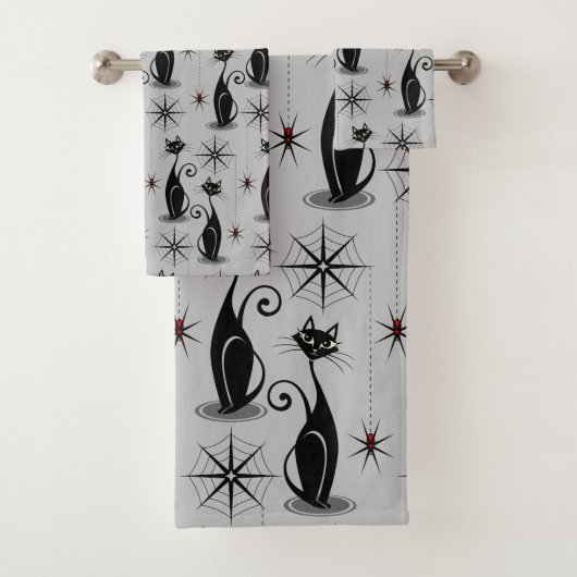 Spooky Meow Retro Atomic Cats op Bleek grijs Bad Handdoek (Insitu)