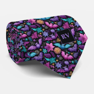 Spooky Midnight Garden Bats Halloween Monogrammed Stropdas