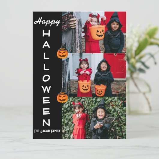 Spooky moderne Halloween familie drie foto collage Feestdagenkaart (Staand voorkant)