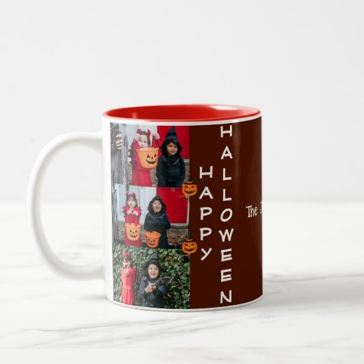 Spooky moderne Halloween familie drie foto collage Tweekleurige Koffiemok (Links)