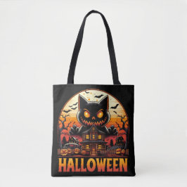 Spooky Monster Cat Haunted House Halloween Tote Bag