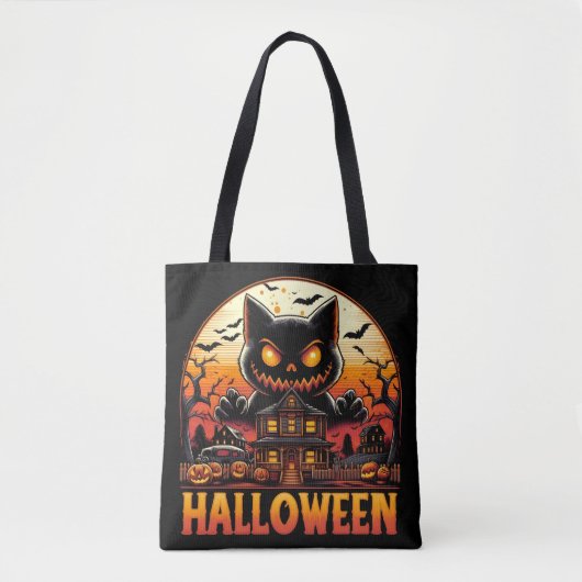 Spooky Monster Cat Haunted House Halloween Tote Bag (Voorkant)