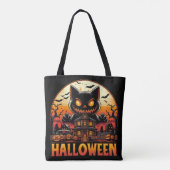 Spooky Monster Cat Haunted House Halloween Tote Bag (Achterkant)