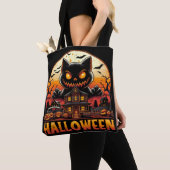 Spooky Monster Cat Haunted House Halloween Tote Bag (Dichtbij)