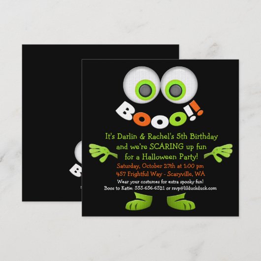 Spooky Monster Twin Birthday Invitations Kaart (Voorkant / Achterkant)