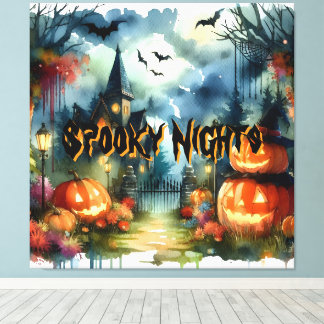 Spooky & Mooie Halloween Landschap Waterverf Canvas Afdruk