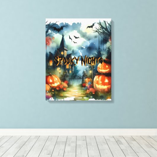Spooky & Mooie Halloween Landschap Waterverf Canvas Afdruk (Insitu (Houten vloer))