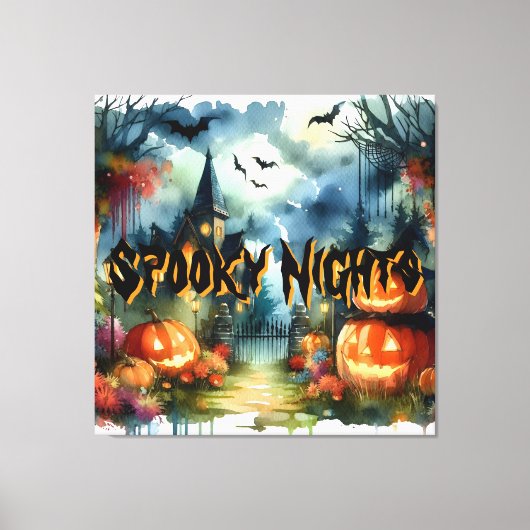 Spooky & Mooie Halloween Landschap Waterverf Canvas Afdruk (Voorkant)