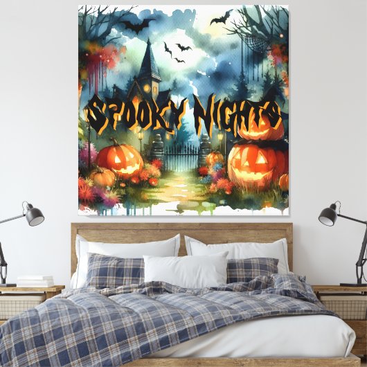 Spooky & Mooie Halloween Landschap Waterverf Canvas Afdruk (Insitu (Slaapkamer))