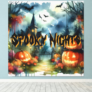 Spooky & Mooie Halloween Landschap Waterverf Canvas Afdruk