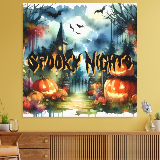 Spooky & Mooie Halloween Landschap Waterverf Canvas Afdruk (Insitu (Woonkamer))
