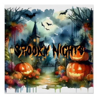 Spooky & Mooie Halloween Landschap Waterverf Perfect Poster