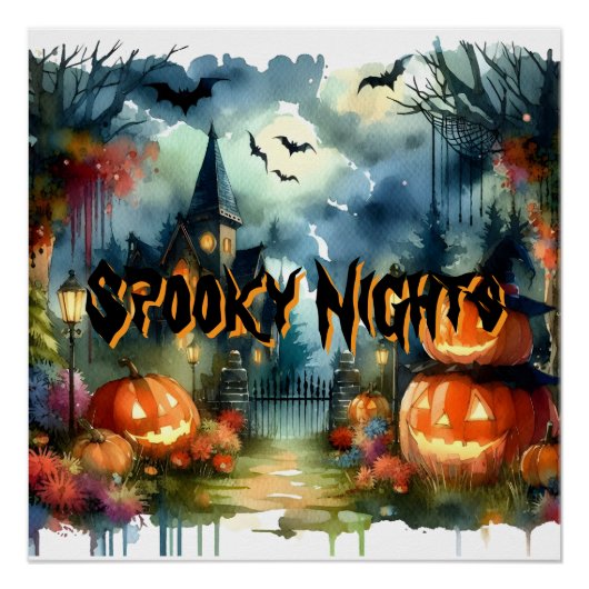 Spooky & Mooie Halloween Landschap Waterverf Perfect Poster (Voorkant)