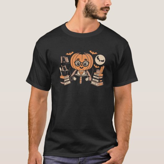 Spooky Moon Pumpkin Librarian Reading Magic Hallow T-shirt (Voorkant)