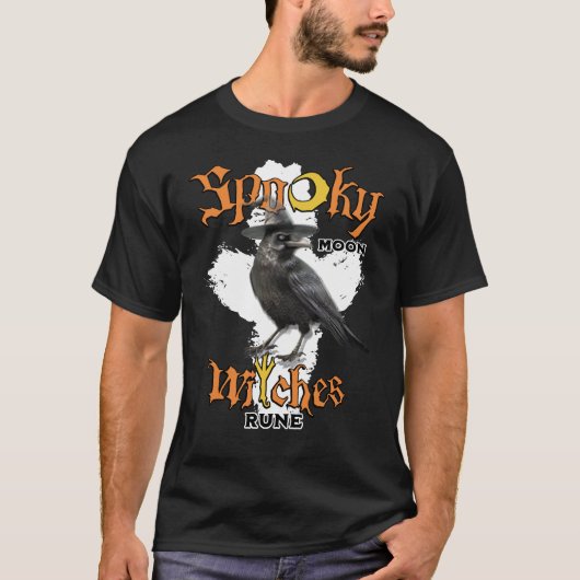 Spooky Moon Witches Algiz Rune Mystical Crow T-shirt (Voorkant)