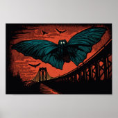 Spooky Mothman en Bridge Woodcut Art Print (Voorkant)