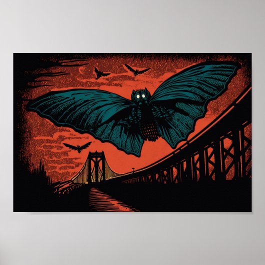 Spooky Mothman en Bridge Woodcut Art Print (Voorkant)