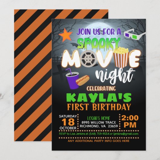 Spooky Movie Night Birthday Uitnodiging (Voorkant / Achterkant)