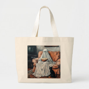 Spooky Movie Night Kat en geest kijken tv Grote Tote Bag