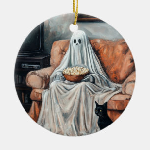 Spooky Movie Night Kat en geest kijken tv Keramisch Ornament