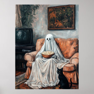 Spooky Movie Night   Kat en geest kijken tv Poster