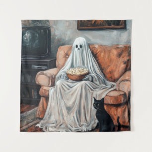 Spooky Movie Night Kat en geest kijken tv Wandkleed