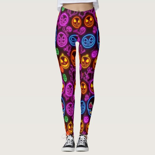 Spooky Neon Jack-o'-Lantern Halloween Blue Skulls Leggings (Voorkant)