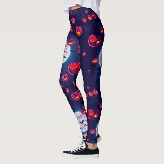 Spooky Neon Jack-o'-Lantern Halloween Night Scene Leggings (Links)
