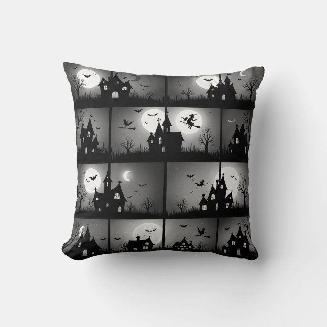 Spooky Night Haunted House Halloween Patroon Gooi Kussen (Voorkant)