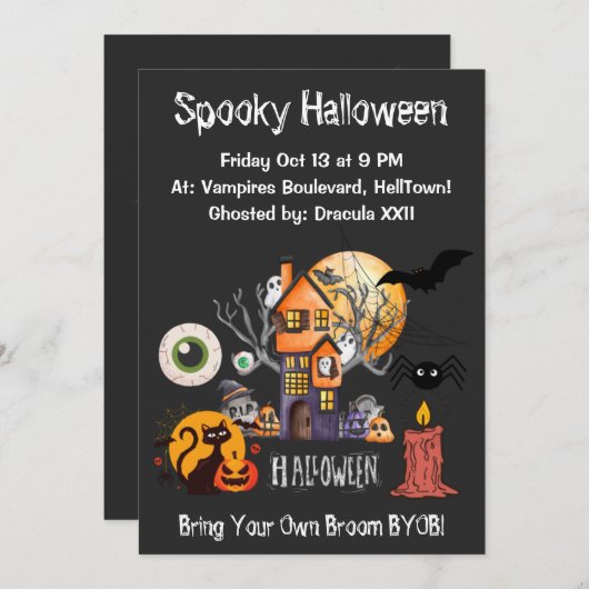 Spooky Night of Horror Halloween Party Invitation Kaart (Voorkant / Achterkant)