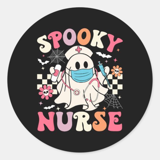 Spooky Nurse Ghost Halloween Schattigee Groovy Nur Ronde Sticker (Voorkant)