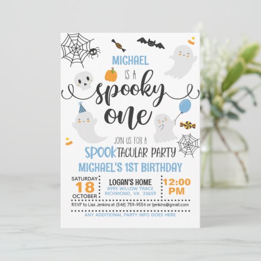 Spooky ONE 1e Verjaardag Uitnodiging - Jongen (Wit (Staand voorkant)