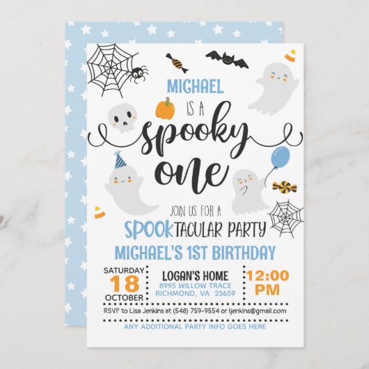 Spooky ONE 1e Verjaardag Uitnodiging - Jongen (Wit (Voorkant / Achterkant)